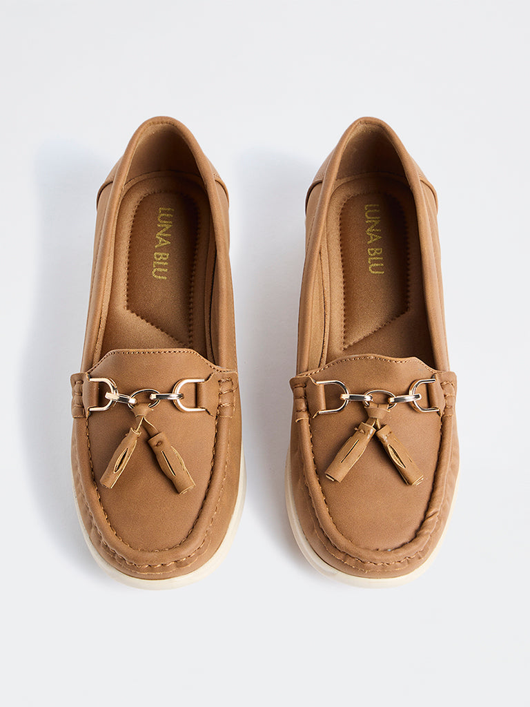 LUNA BLU Tan Tassel-Detail Horsebit Loafers