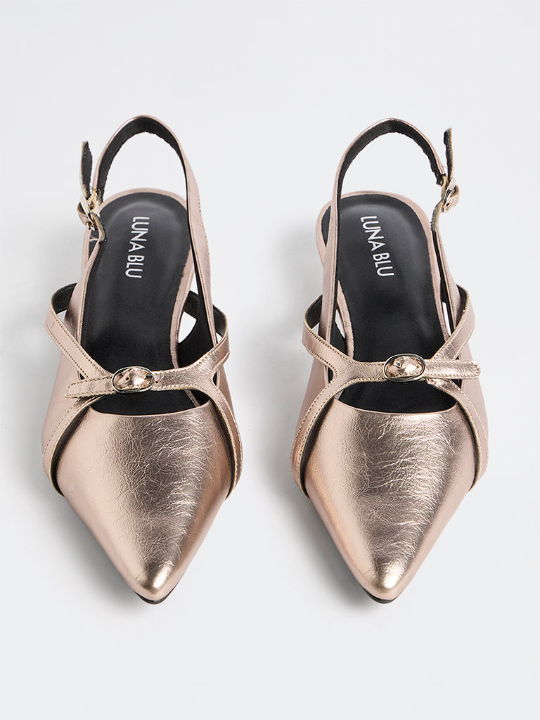 LUNA BLU Rose Gold Crinkle-Textured Slingback Sandals