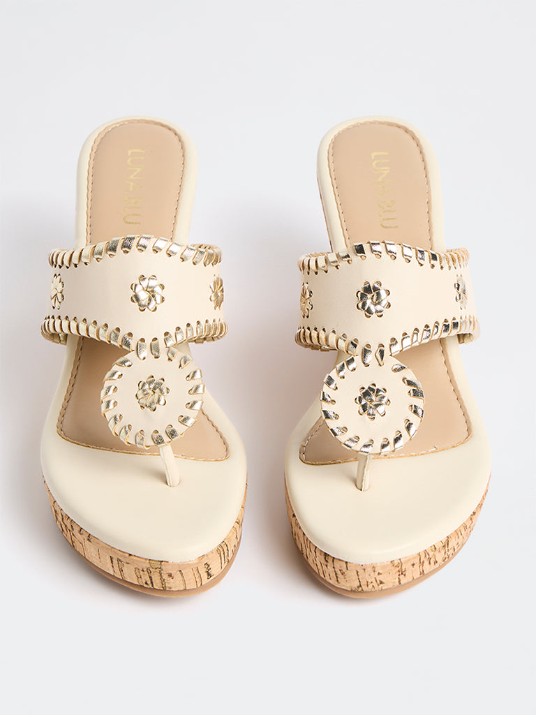 LUNA BLU Ivory Embroidered Thong-Strap Wedge-Heel Sandals