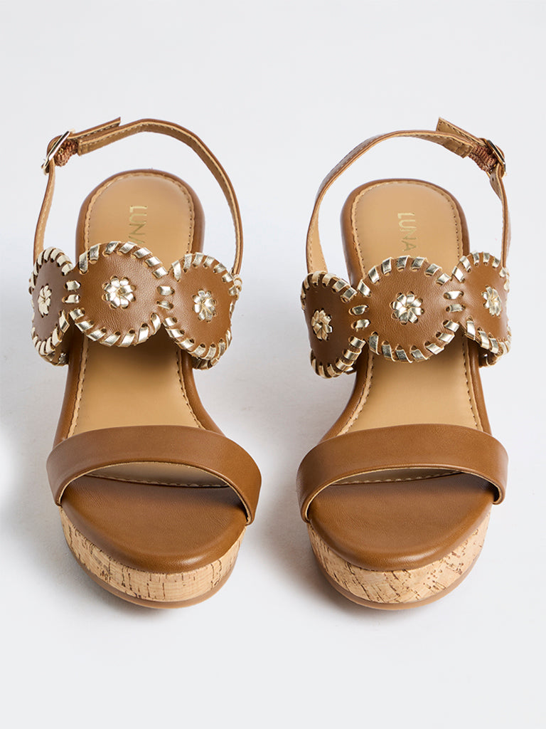 LUNA BLU Tan Embroidered Wedge-Heel Sandals