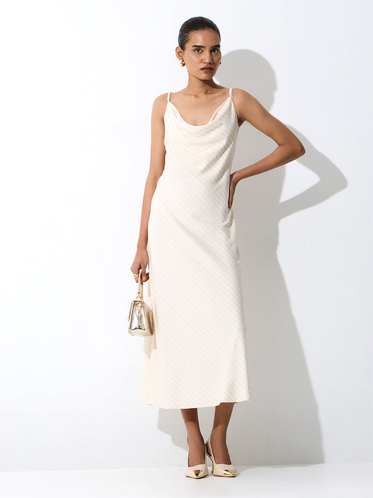 Wardrobe Ivory Striped Cowl-Neck Midi Dress
