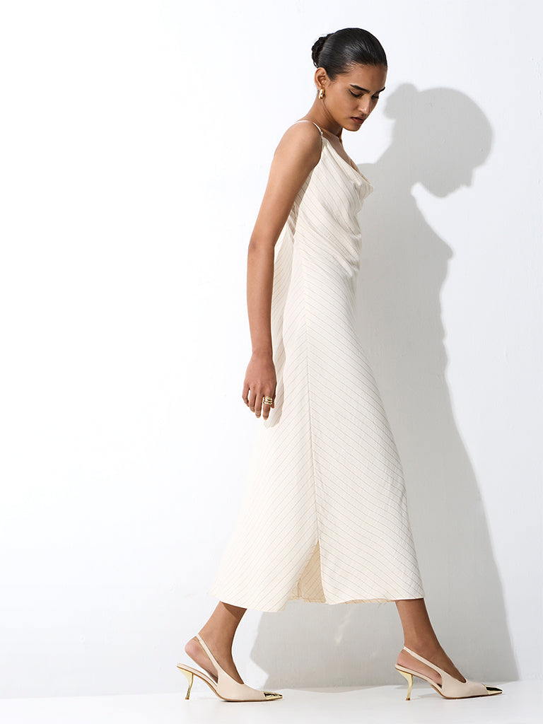 Wardrobe Ivory Striped Cowl-Neck Midi Dress