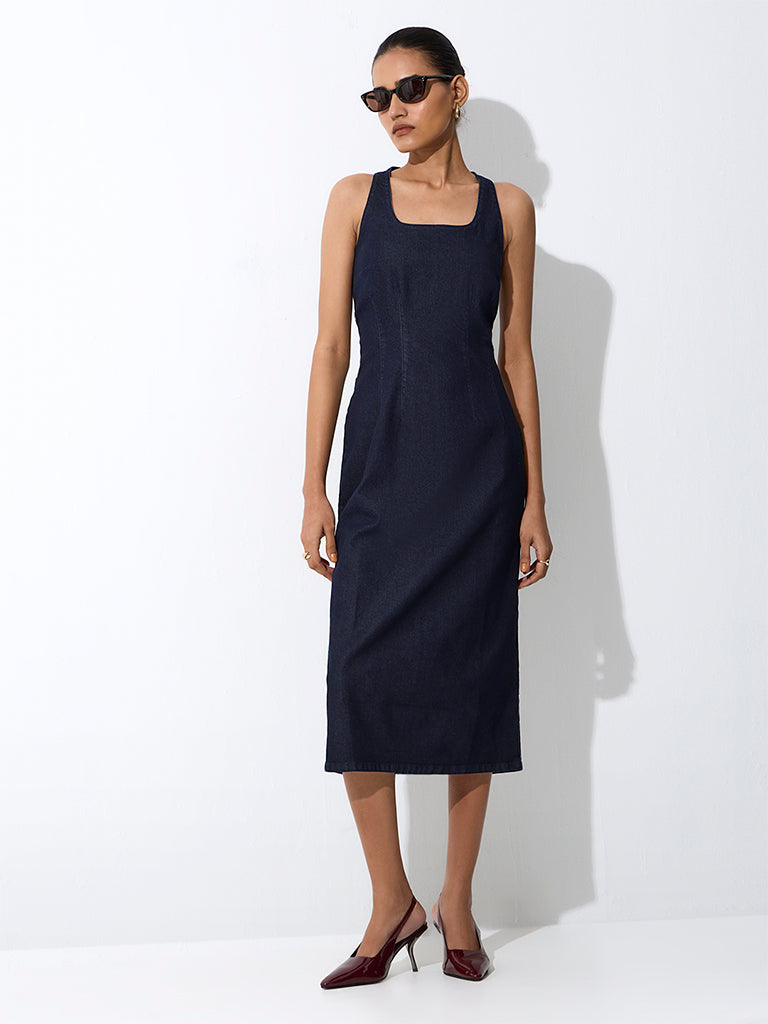 Wardrobe Navy Solid Straight Denim Dress