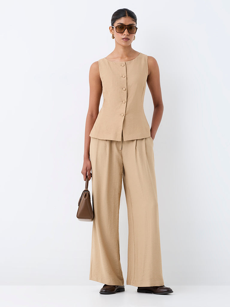 Wardrobe Beige High-Rise Pleated Trousers with Belt