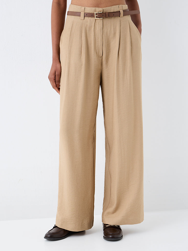 Wardrobe Beige High-Rise Pleated Trousers with Belt