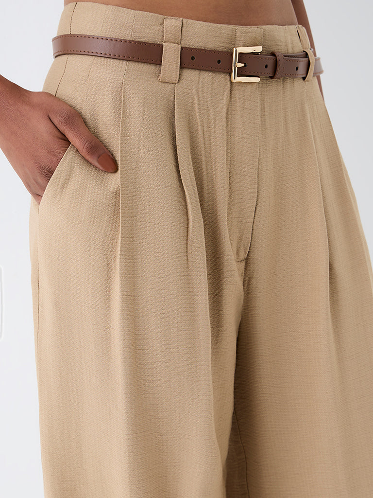 Wardrobe Beige High-Rise Pleated Trousers with Belt
