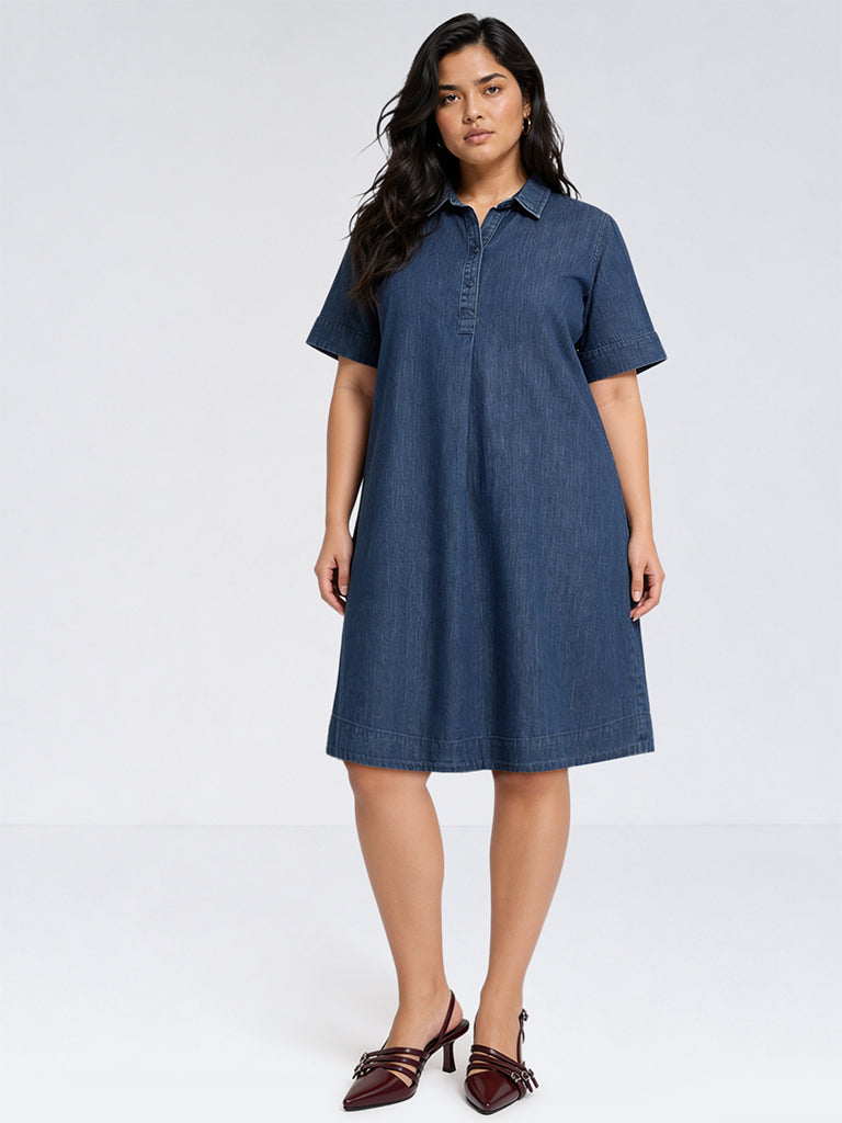 Gia Dark Blue Cotton Straight Dress