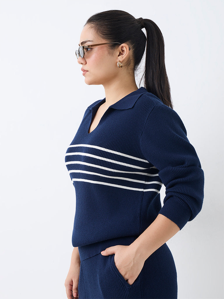 Gia Navy Striped Ribbed-Textured Sweater
