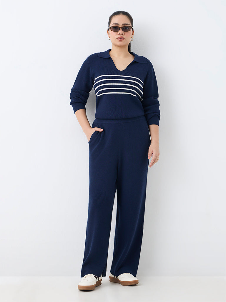 Gia Navy Striped Ribbed-Textured Sweater