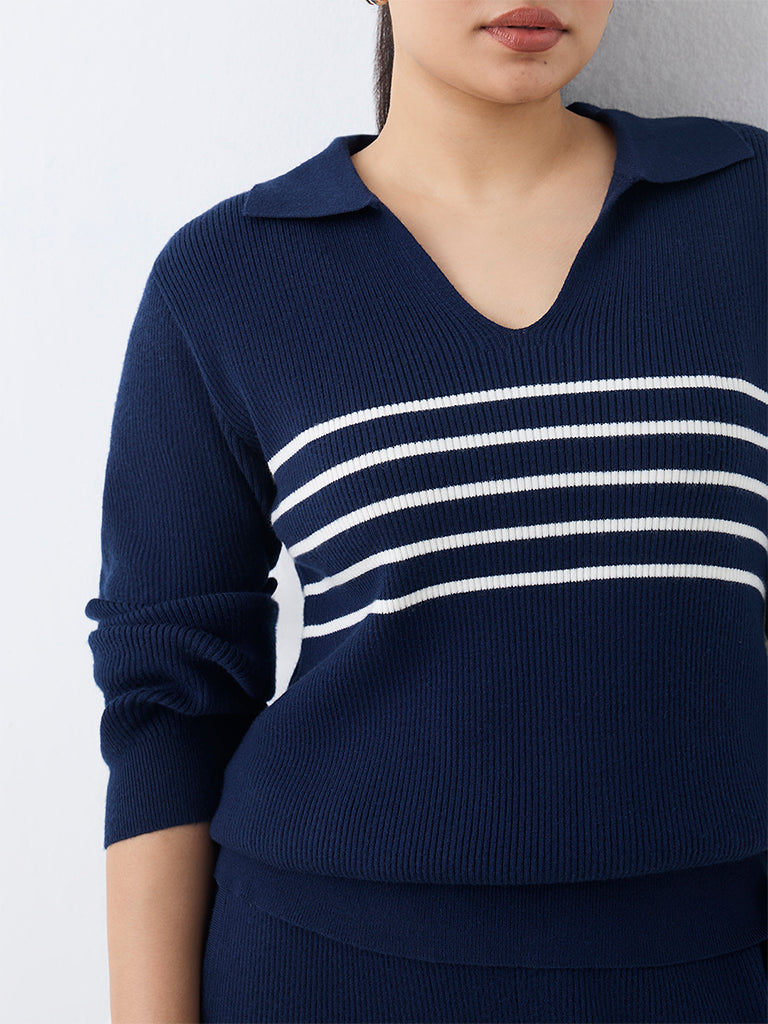 Gia Navy Striped Ribbed-Textured Sweater