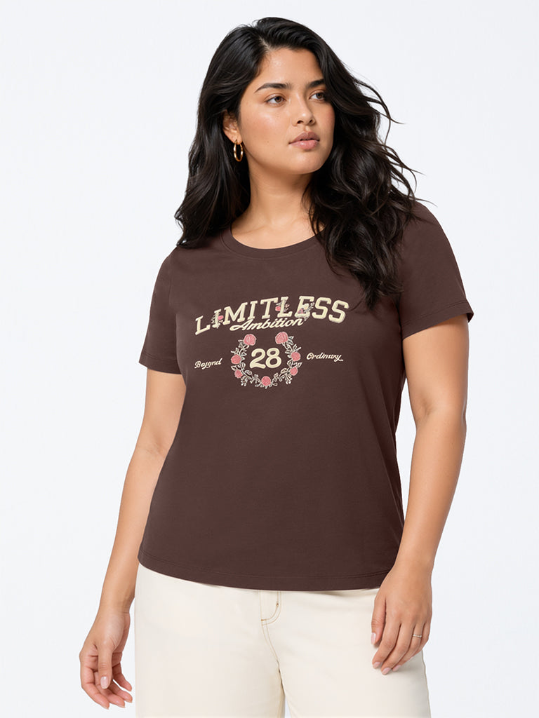 Gia Dark Brown Typography Cotton T-Shirt