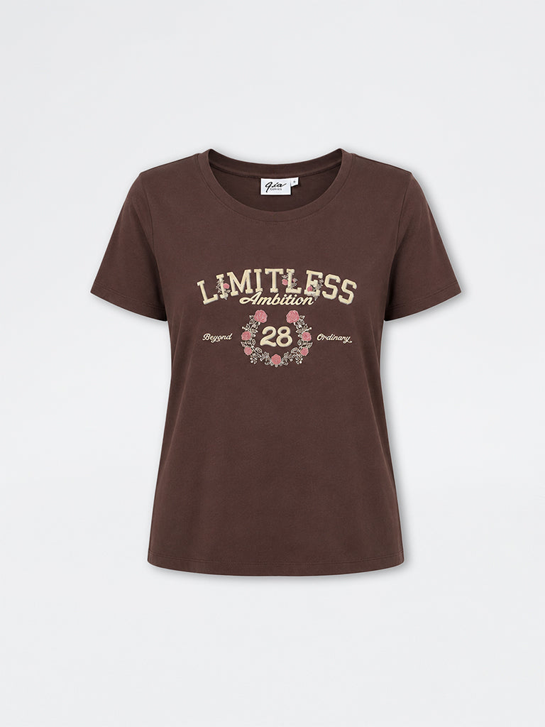 Gia Dark Brown Typography Cotton T-Shirt