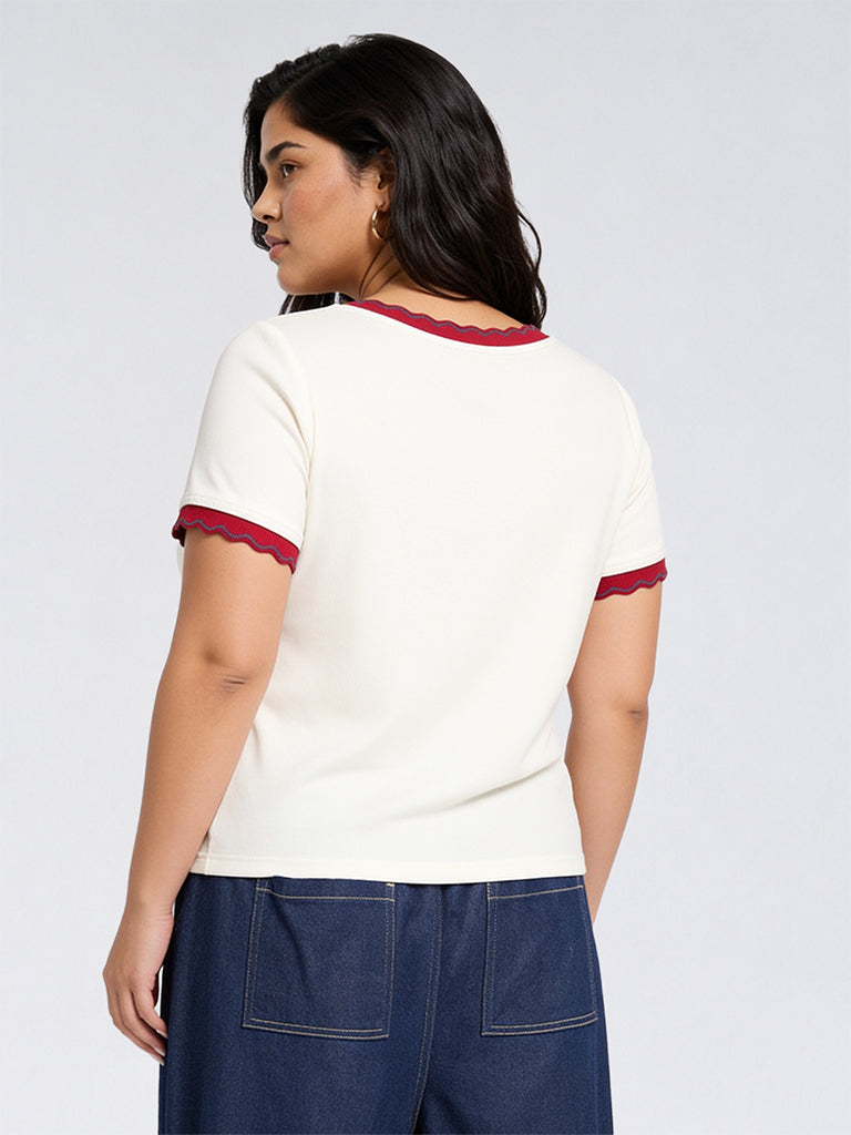 Gia Off-White Contrast Detailed T-Shirt