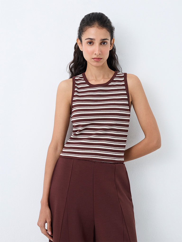Nuoflexx Brown Striped Cotton-Blend Top
