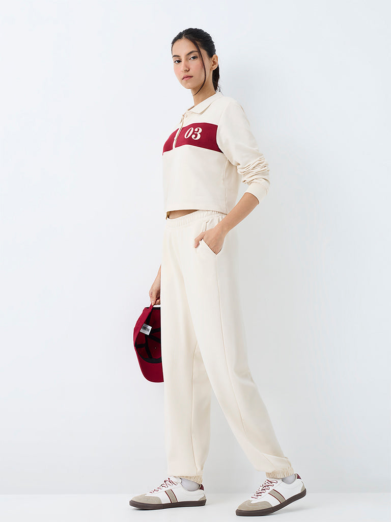 Nuoflexx Off-White Colour-Blocked Cotton Polo T-Shirt