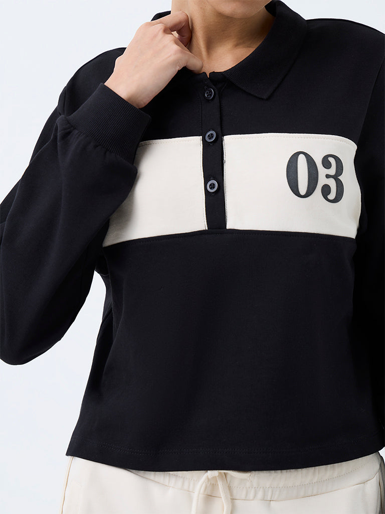 Nuoflexx Black Colour-Blocked Cotton Polo T-Shirt