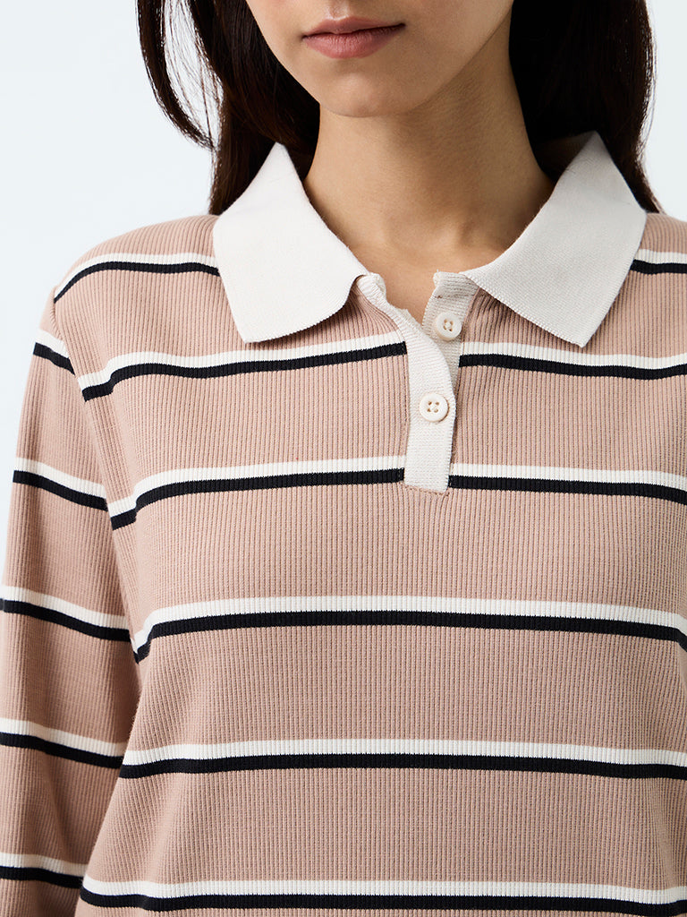 Nuoflexx Beige Striped Ribbed Cotton-Blend T-Shirt