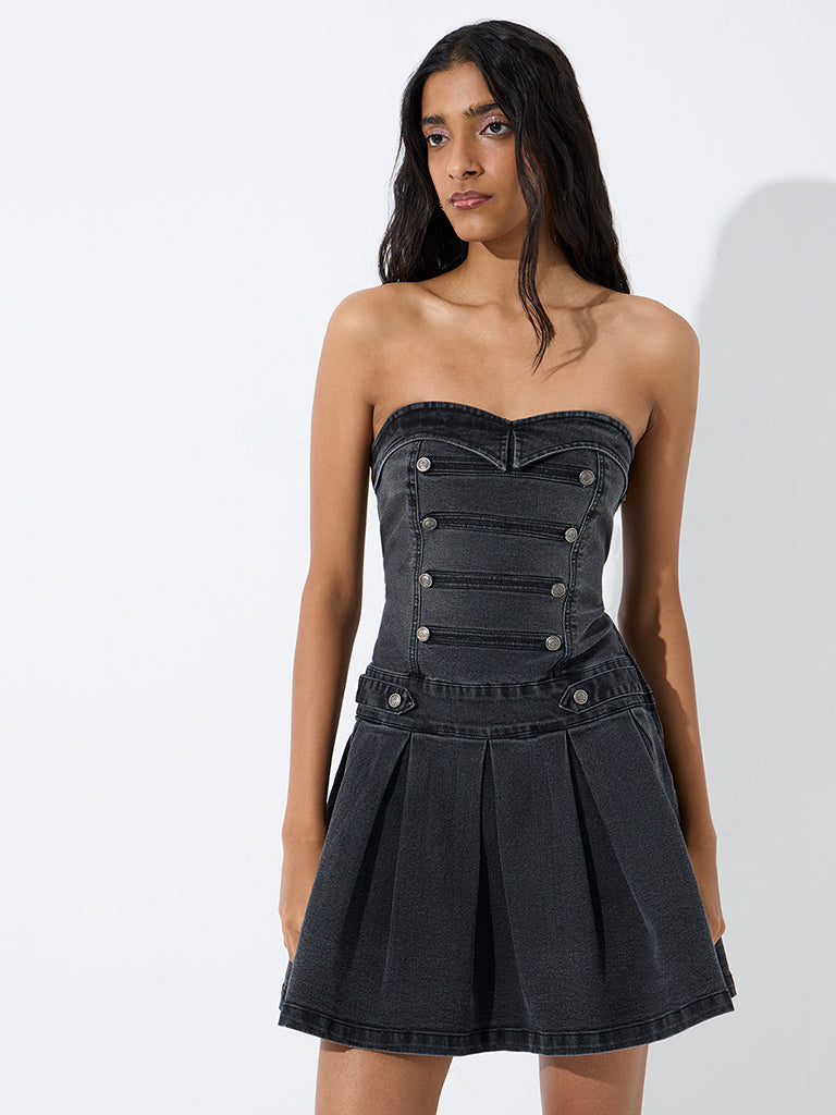 Nuon Charcoal Military-Inspired Denim Tube Dress