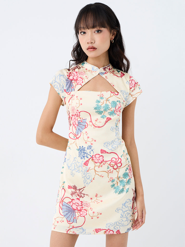 Nuon Yellow Floral Printed Chinese Collar A-Line Mini Dress