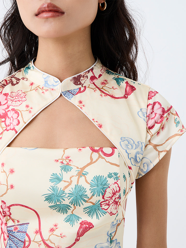 Nuon Yellow Floral Printed Chinese Collar A-Line Mini Dress