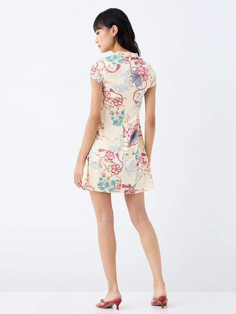Nuon Yellow Floral Printed Chinese Collar A-Line Mini Dress