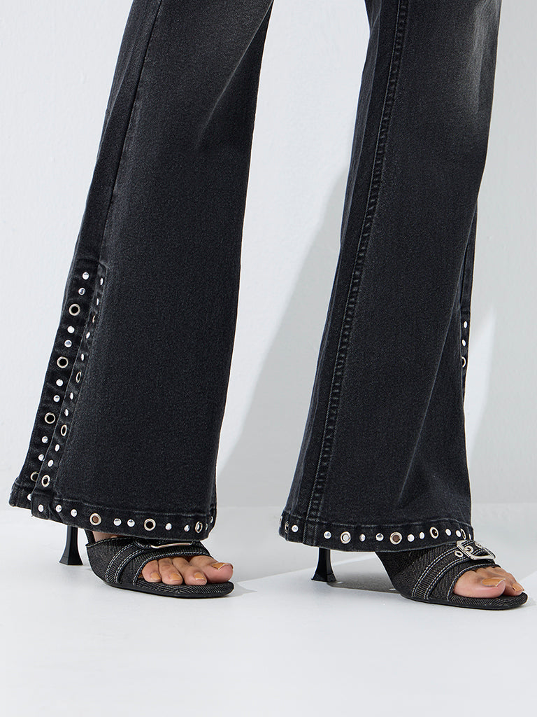 Nuon Black Stud-Detailed High-Rise Bootcut Jeans