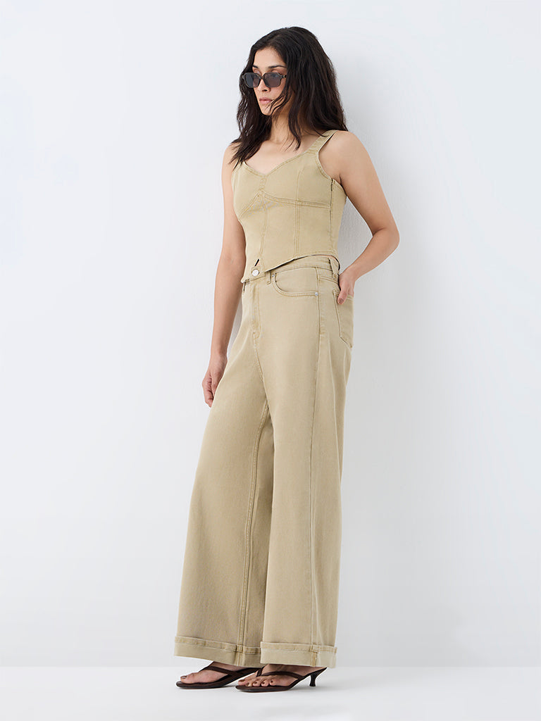Nuon Light Khaki Solid High-Waist Jeans
