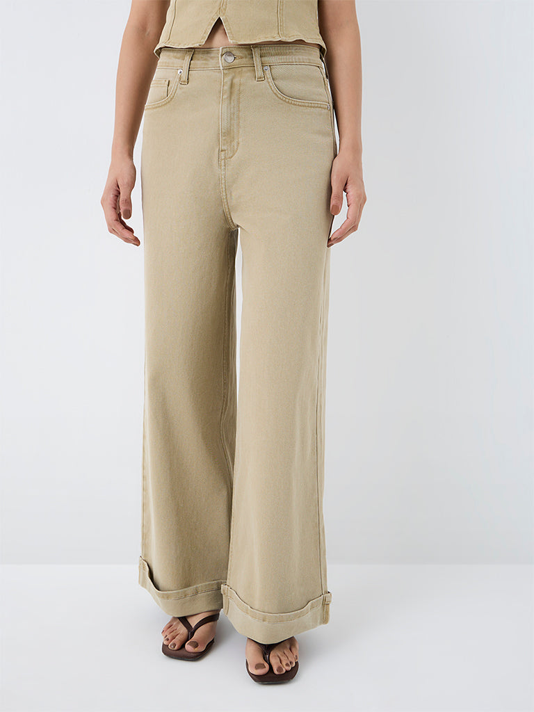 Nuon Light Khaki Solid High-Waist Jeans