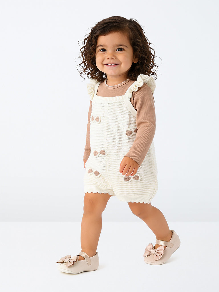 HOP Baby Girls Off-White Crochet Cotton Dungaree with T-Shirt Set