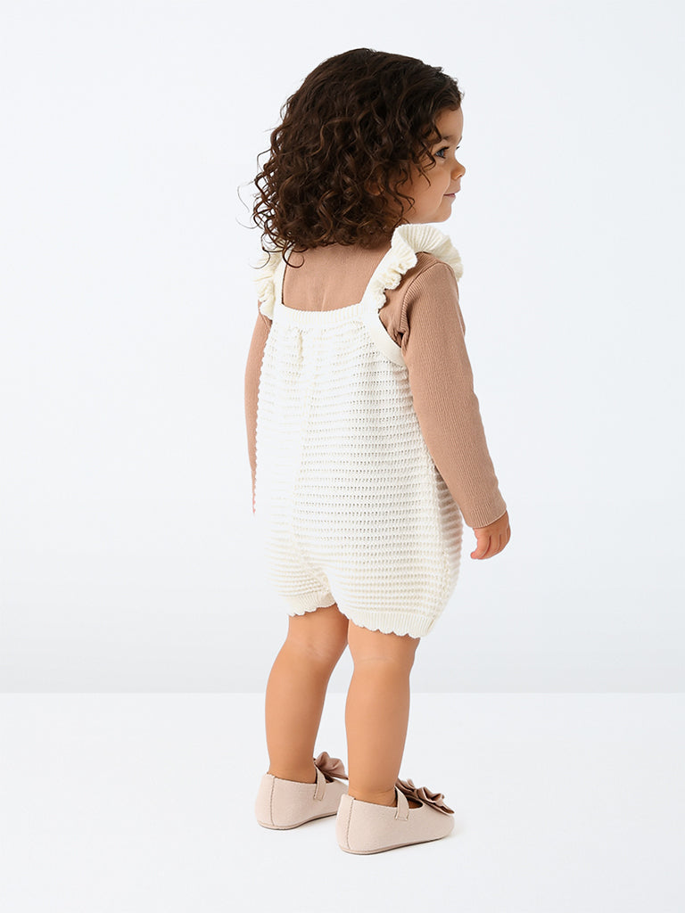 HOP Baby Girls Off-White Crochet Cotton Dungaree with T-Shirt Set