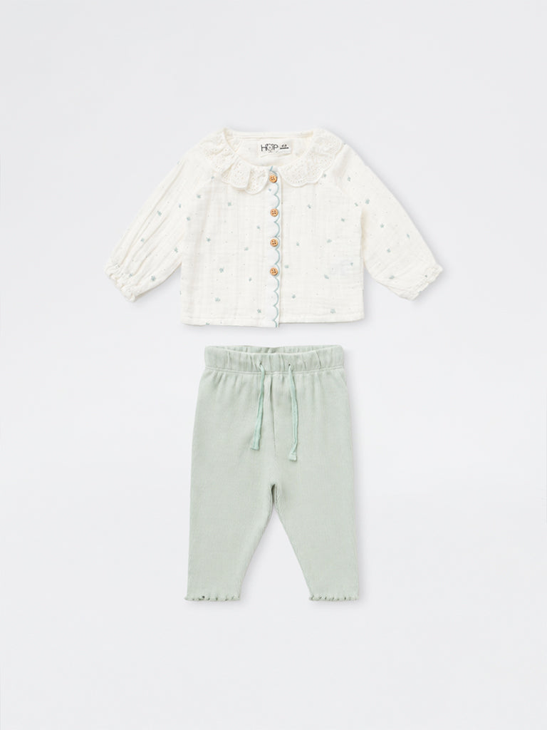 HOP Baby Girls White Floral Embroidered Cotton Top and Pants Set
