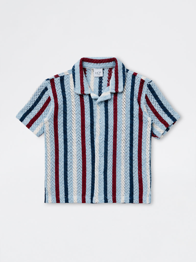HOP Kids Boys Blue Striped Knitted Cotton-Blend Shirt