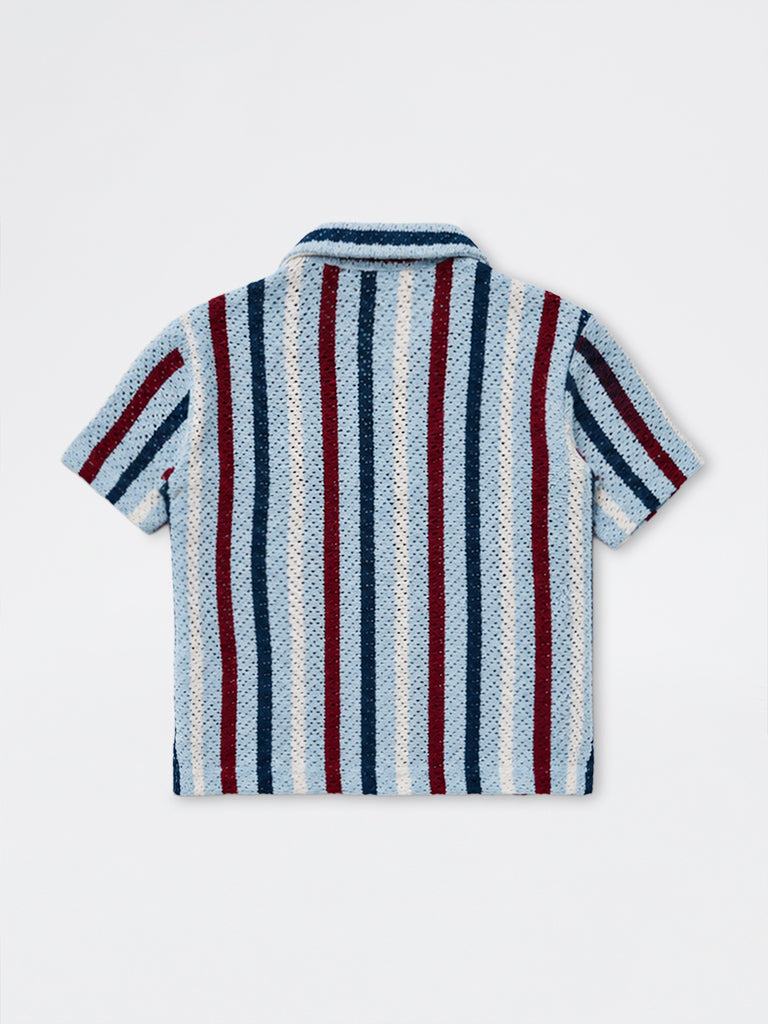 HOP Kids Boys Blue Striped Knitted Cotton-Blend Shirt