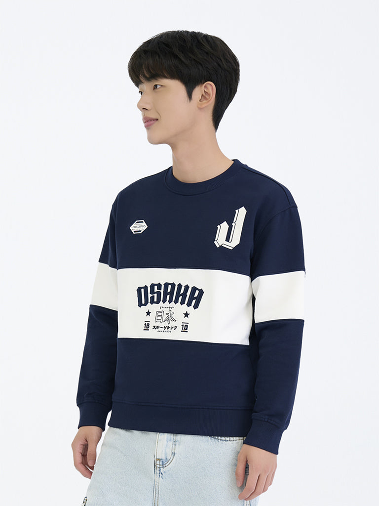 Boys Navy Printed Cotton-Blend Sweatshirt