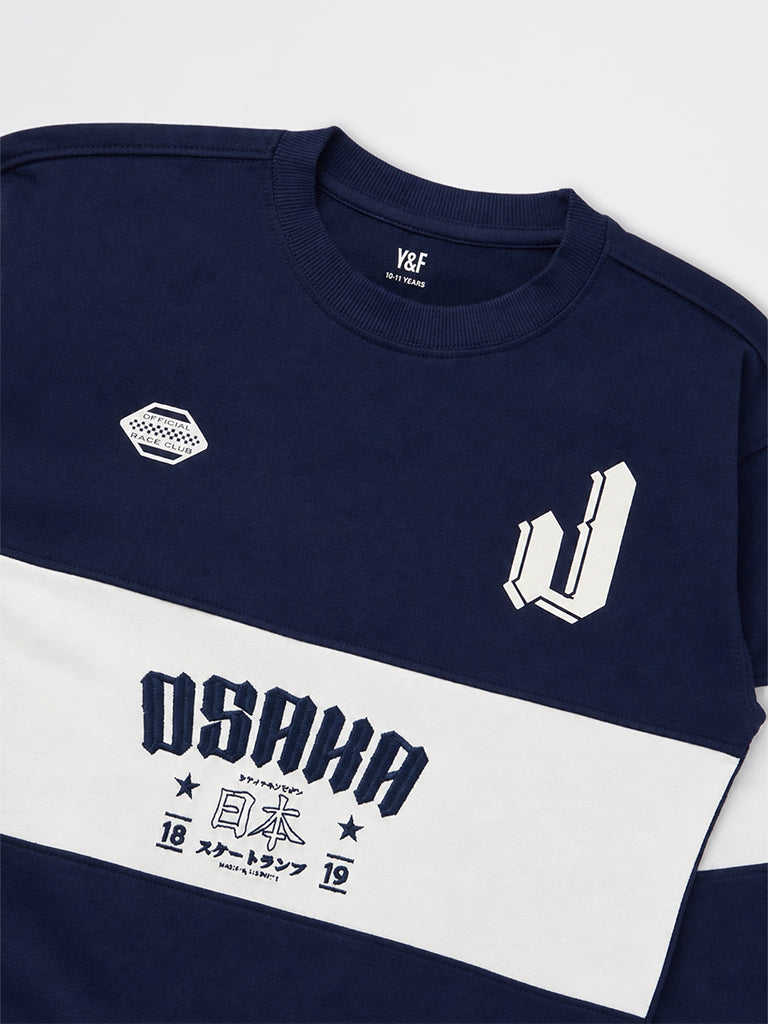 Boys Navy Printed Cotton-Blend Sweatshirt