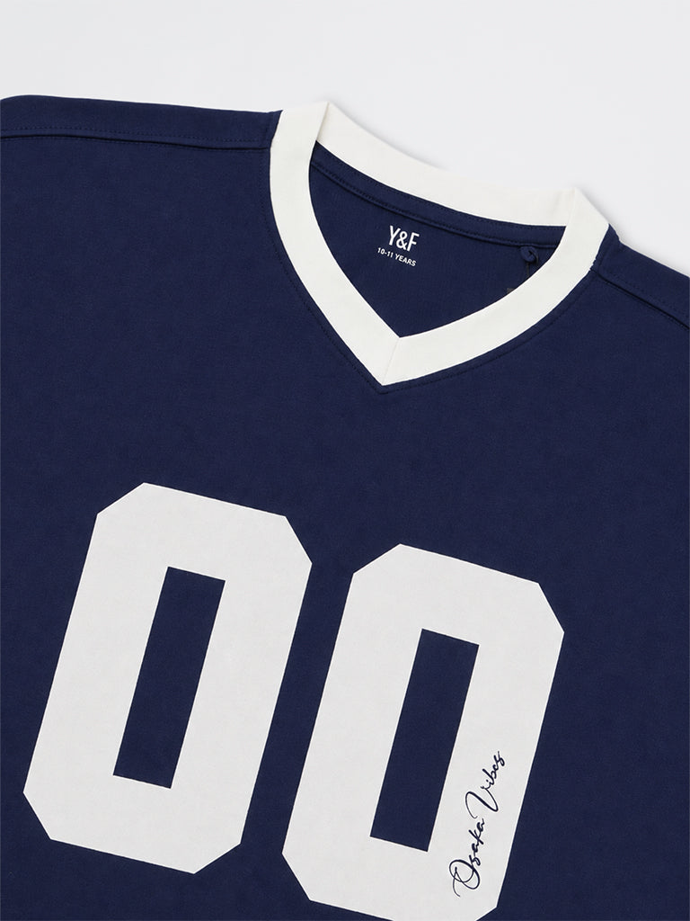 Boys Navy Numerical Printed Cotton T-Shirt