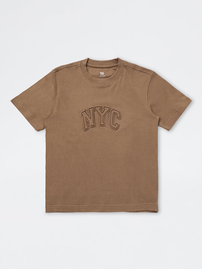 Boys Brown Text Embossed Cotton T-Shirt