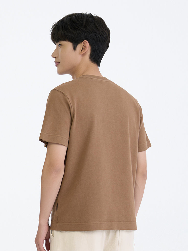 Boys Brown Text Embossed Cotton T-Shirt