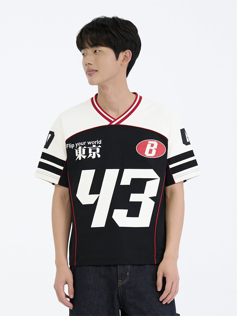 Boys Black Colour-Blocked Cotton T-Shirt