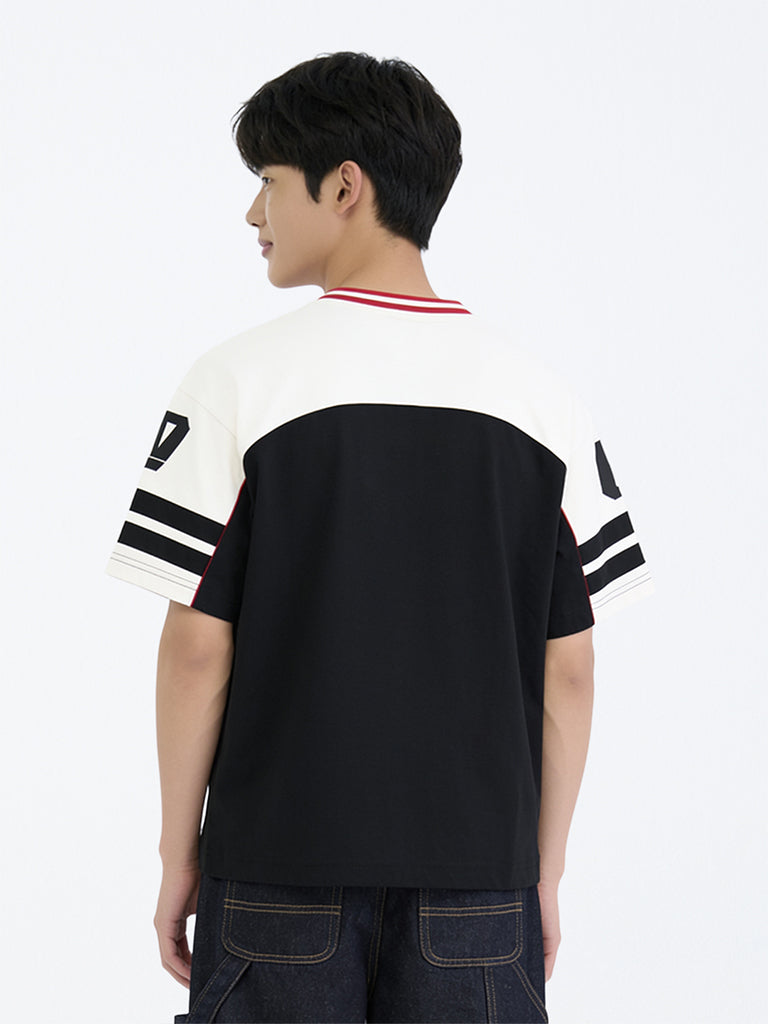Boys Black Colour-Blocked Cotton T-Shirt