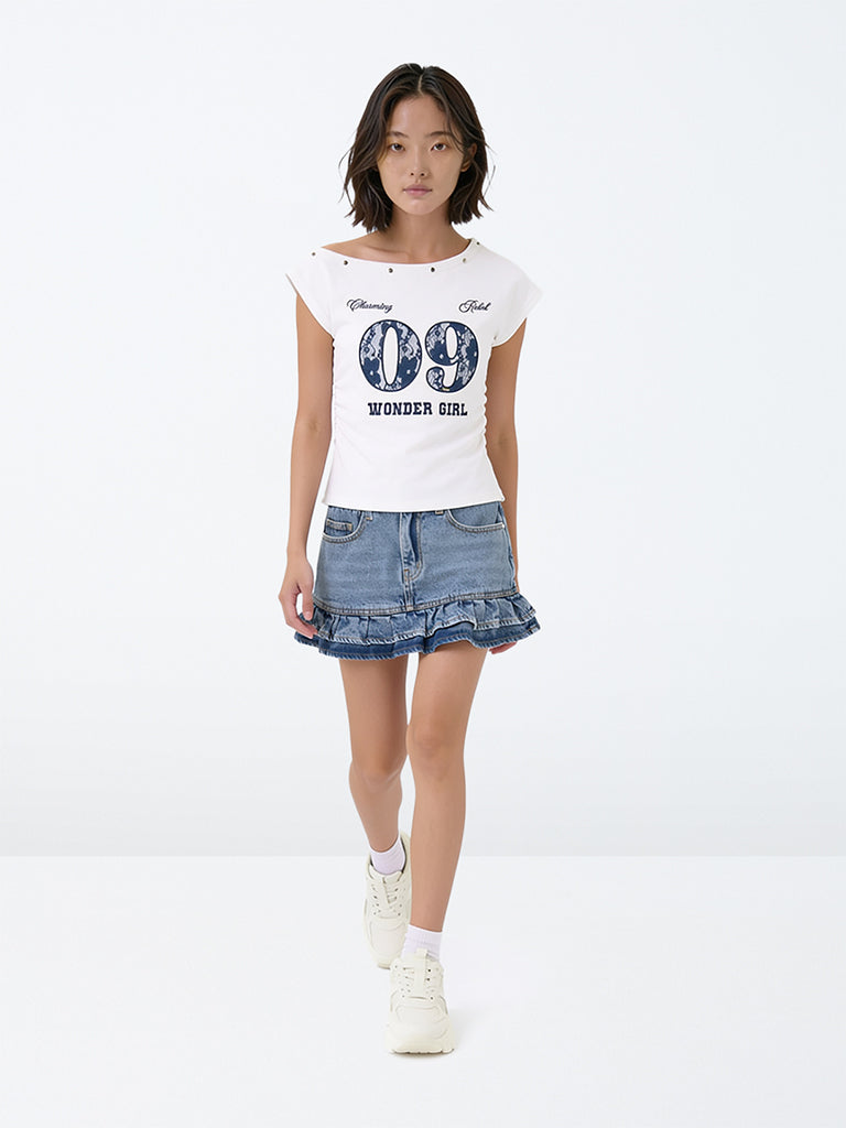 Girls Light Blue Washed High-Rise Flared Denim Skirt