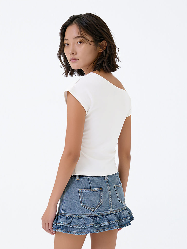 Girls Light Blue Washed High-Rise Flared Denim Skirt