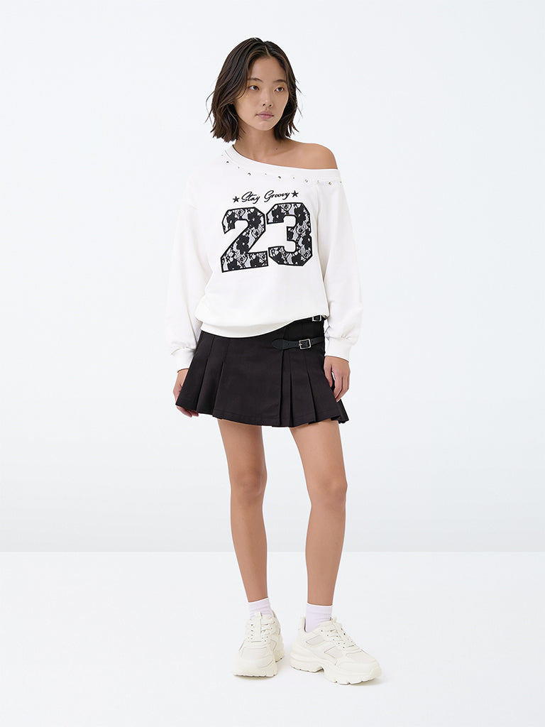 Girls Black Pleated Buckle-Detail High-Rise Cotton Skirt