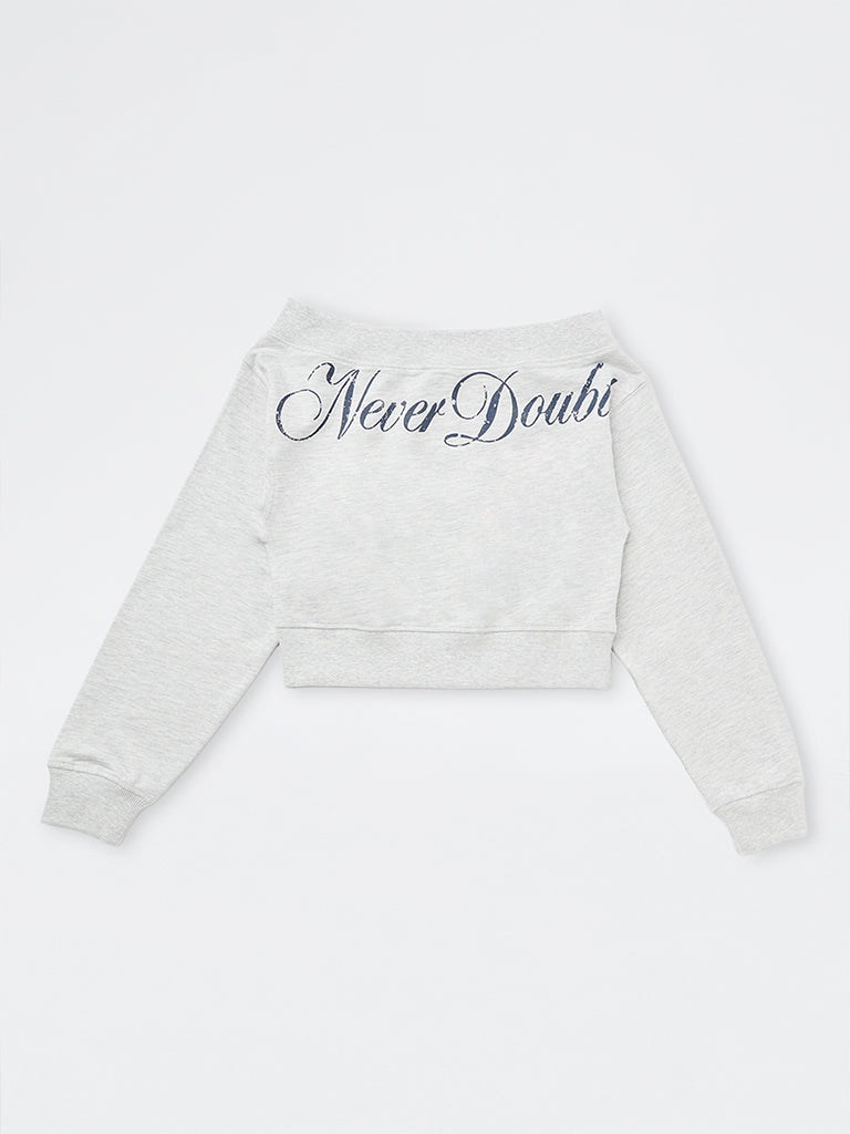 Girls Grey Text Printed Off-Shoulder Cotton-Blend Sweatshirt