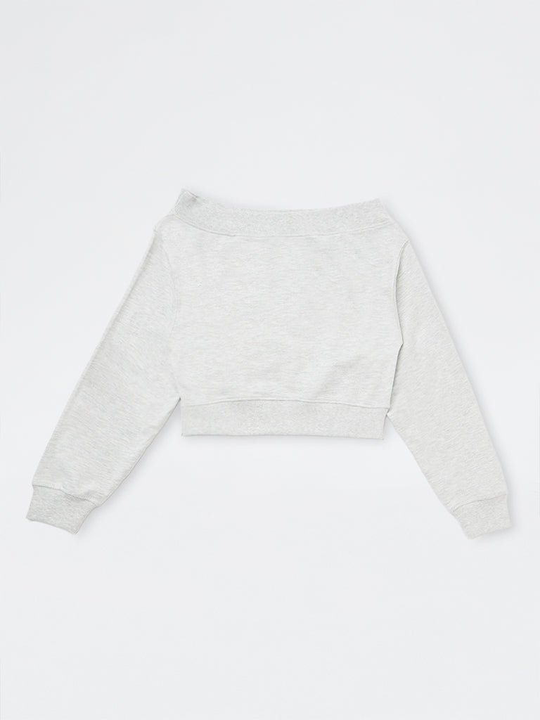 Girls Grey Text Printed Off-Shoulder Cotton-Blend Sweatshirt