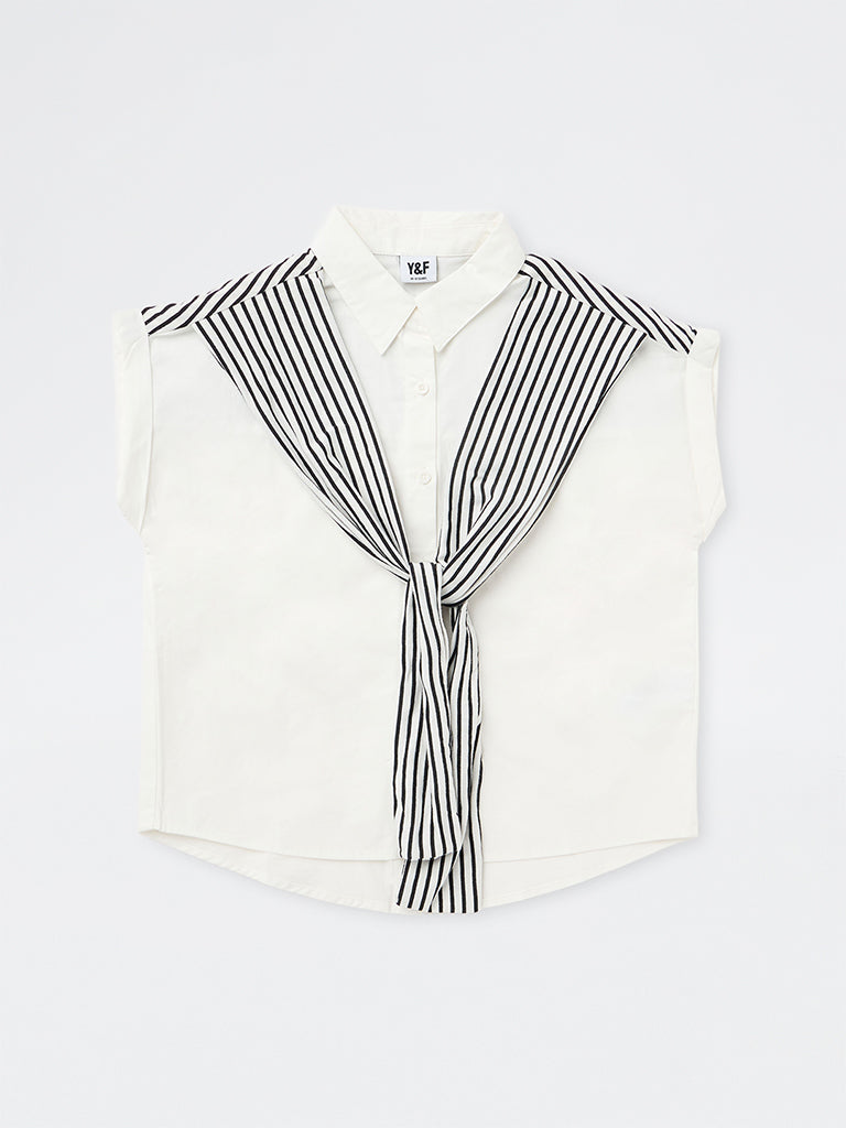 Girls White Striped Tie-Up Detail Cotton Shirt