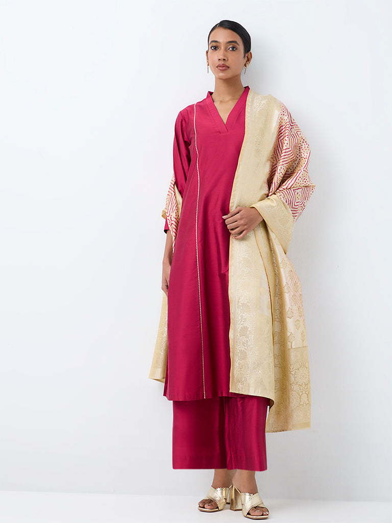 Vark Fuchsia Scallop Embroidered A-Line Ethnic Set