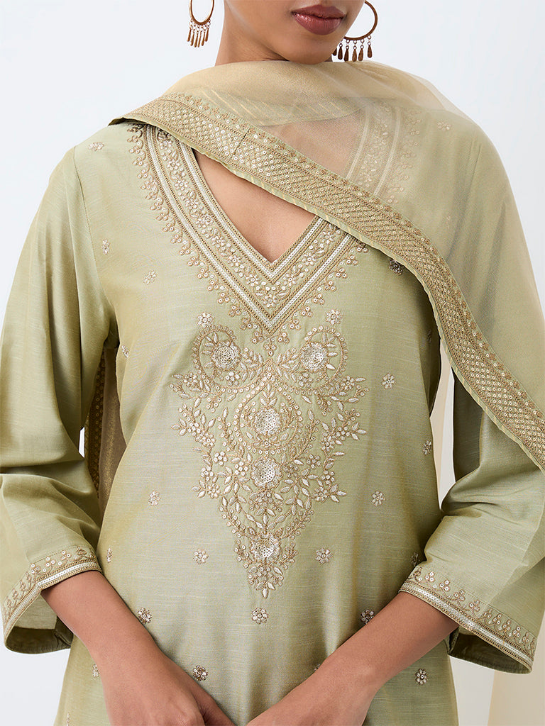 Vark Sage Floral Embroidered A-Line Ethnic Set