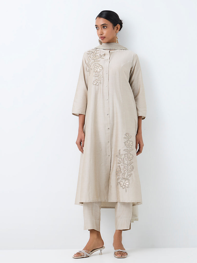 Vark Grey Floral Embroidered A-Line Ethnic Set