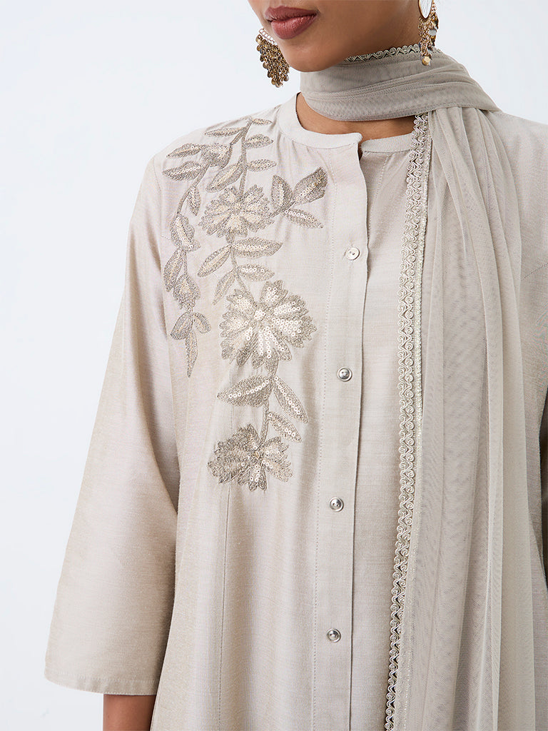 Vark Grey Floral Embroidered A-Line Ethnic Set